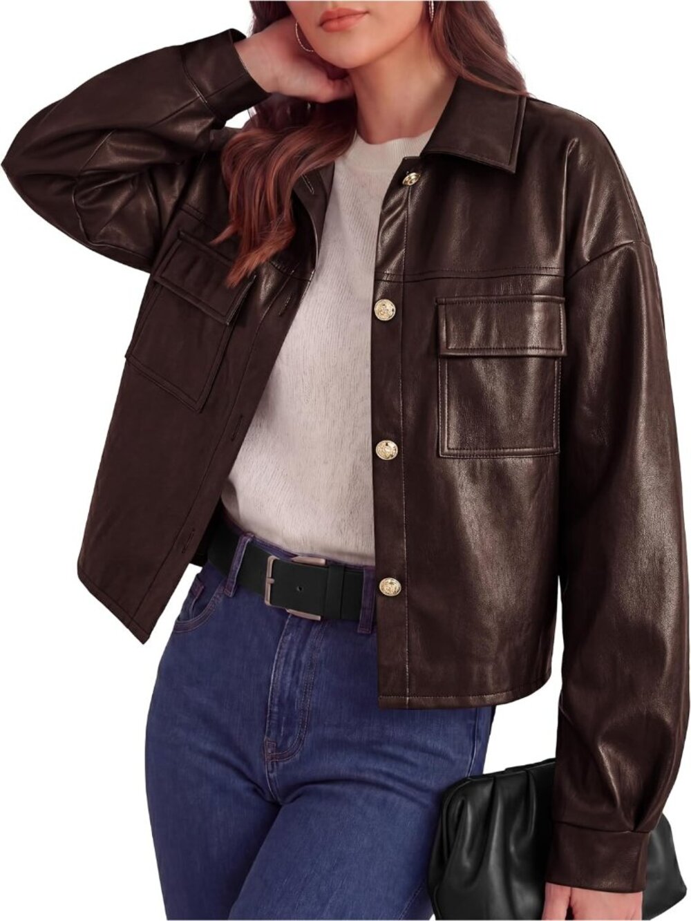 Women Brown Leather Turn Down Collar Batwing Sleeve Motorcycle Bomber Jacket